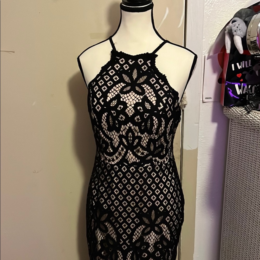 Jodi Kristopher Black and Tan Halter Bodycon Dress